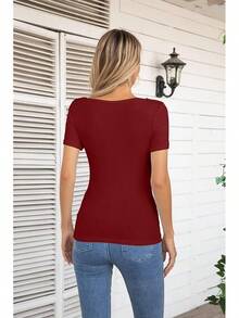 Womens Fashion Fall Cutout Long Sleeve Ribbed Slim Fitted Tops Shirts Tee Tshirts - Short-wine Red - View 4