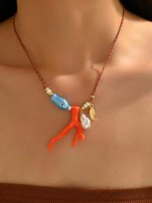 1 Stück kreative keramische Korallen Fisch & Kunstperlen Anhänger verstellbare geflochtene Halskette, vintage modische Acryl Korallen keramische Fisch Halskette Handarbeit Choker, geeignet für täglichen Gebrauch, Partys, Urlaubsoutfits von Frauen