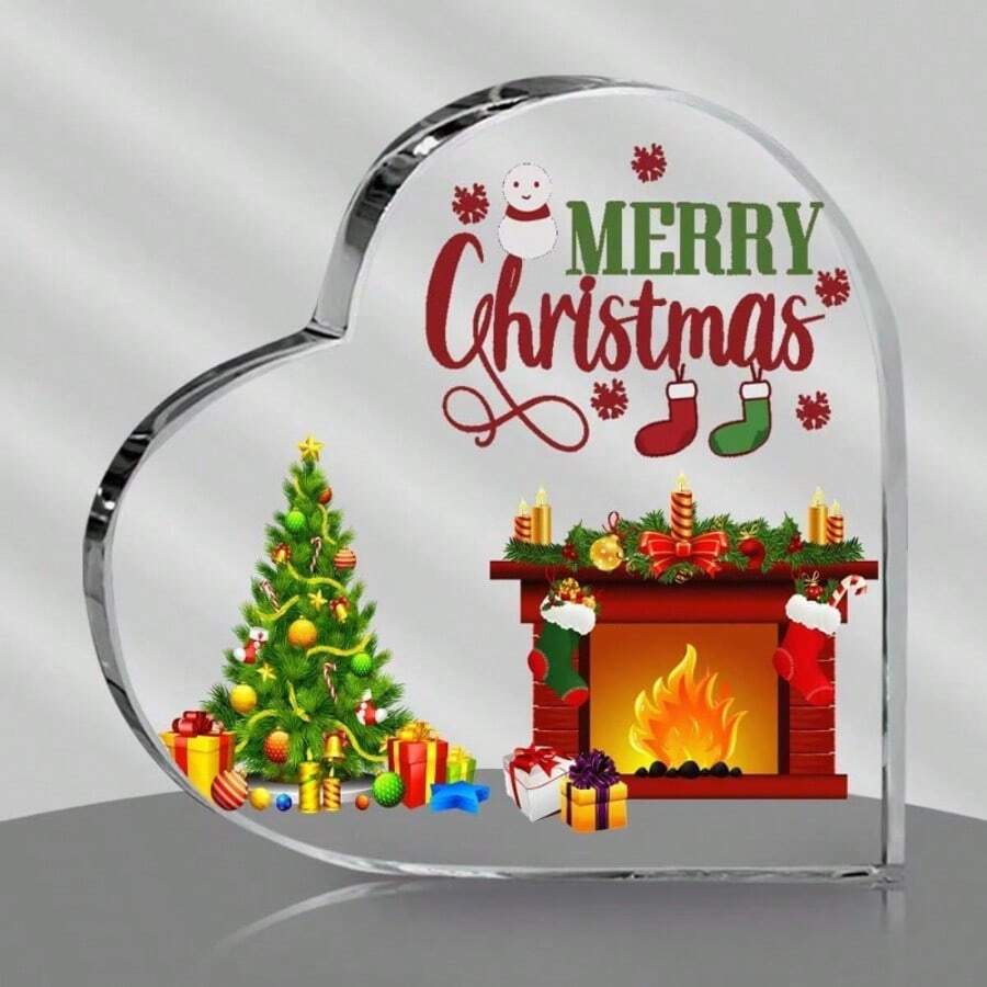 لوحة بلورية مسطحة بشكل قلب مع تصميم "عيد ميلاد مجيد" - مشهد من المدفأة والشجرة والجورب في عيد الميلاد، ديكور عيد الميلاد الأحمر والأخضر، مناسبة للمكتب أو الحائط، هدية عيد الميلاد المثالية، ديكور عيد الميلاد