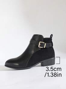 女士黑色时尚英伦风格 PU+麂皮拼接鞋头，经典搭扣装饰，侧拉链百搭踝靴，织物衬里保暖透气，橡胶平底舒适耐用，优雅短靴，适合秋冬，女士靴子 - 黑色 - 查看 8