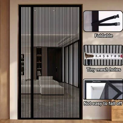 1 件重型磁性纱门，可折叠，网眼带小孔，防蚊，坚固不掉落，网状材质，现代简约风格，黑色窗帘，通风防虫，适合家庭日常使用和夏季驱蚊