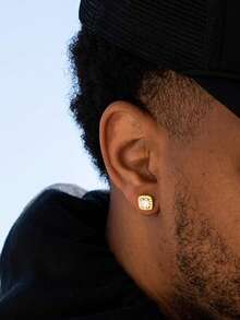 Nooxian 2 件白色方晶锆石方形耳钉，闪亮男士水钻耳环 - 金黃色 - 查看 4