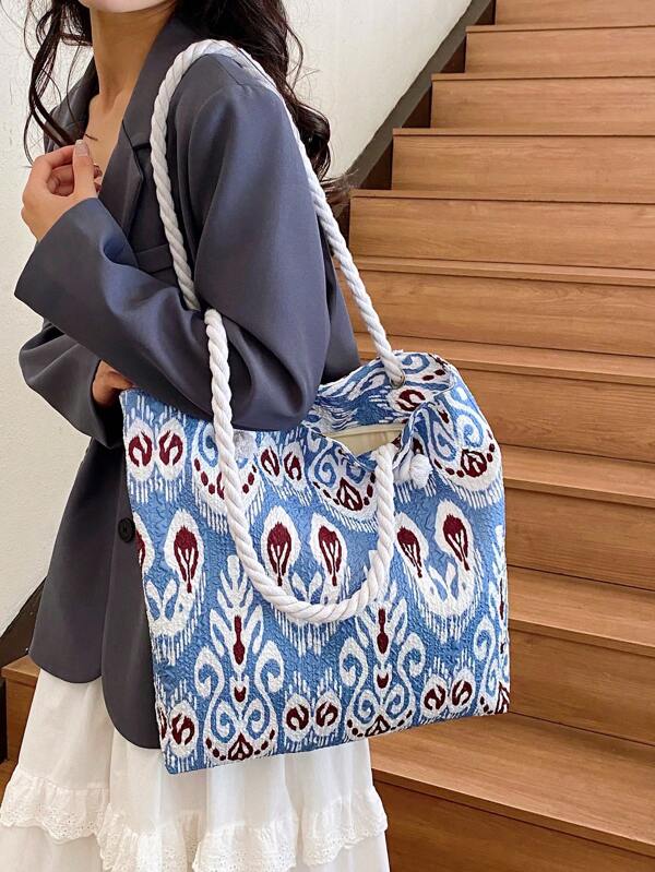 Bolsa Feminina Casual de Férias Boêmia da Moda, Bolsa Tote Leve com Tratamento Colorido em Bloco Contrastante de Alta Capacidade, Franzida, Retalhos de Cores, Alça de Ombro Distinta, Fechamento com Zíper, Bolsa de Praia