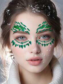 (1 张) 黑色、绿色、黑色和红色脸部水钻贴纸，Y2K 服装派对音乐节闪光宝石眼部和脸部装饰贴纸，透明防水持久逼真自粘水钻贴纸 - 綠色 - 查看 4