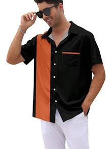 Vintage 1950s Casual Short Sleeve Button Up Contrast Summer Color Block Cuban Bowling Shirts Men - 黑色和焦橙色 - 查看 4