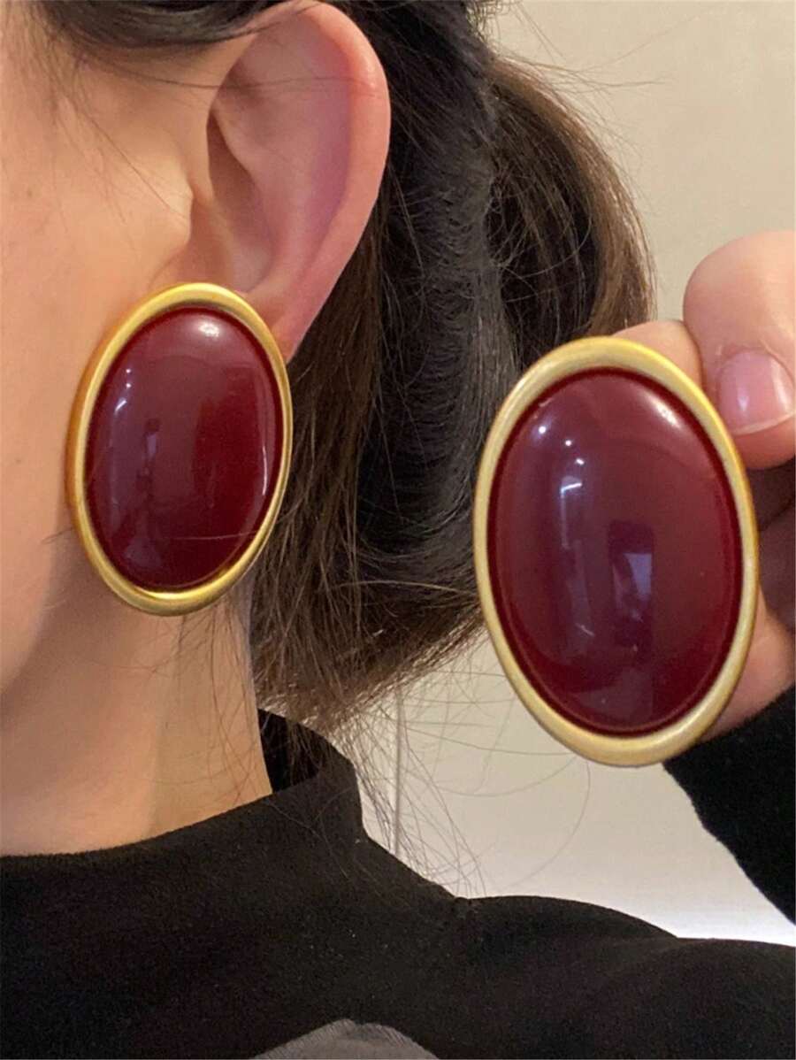 1 对复古简约树脂椭圆形几何耳钉，夸张的欧美风格，适合派对、婚礼、宴会、节日、珠宝礼物