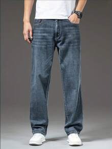 Men's Straight Loose Fit Elastic Business Casual Jeans With Pockets