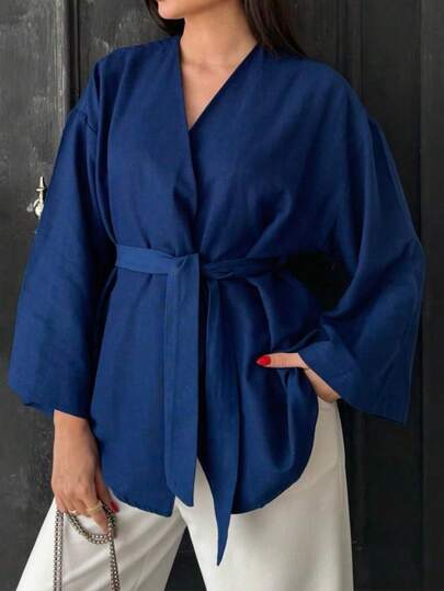 Linne Enfärgat Avslappnat Elegant Korsande Bälte med Knytband i Midjan