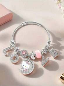 Set di 2 pezzi di gioielli di alta qualità scintillanti in argento - Collana con pendente di Hello Kitty e braccialetto "Love", regalo di San Valentino di per la fidanzata, autorizzato da Sanrio