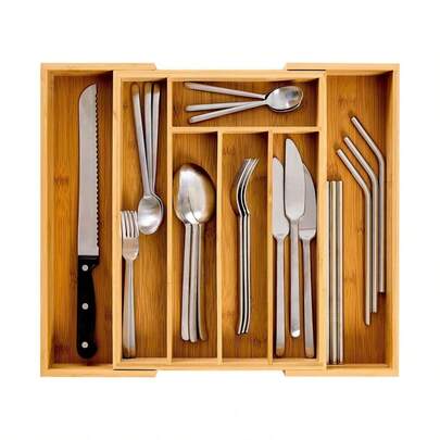 Organizador de Cubiertos Extensible de Bambú para Cocina, Bandeja de Cubiertos para Cajón y Almacenamiento de Utensilios de Cocina, Cubiertos, Cubertero Organizador