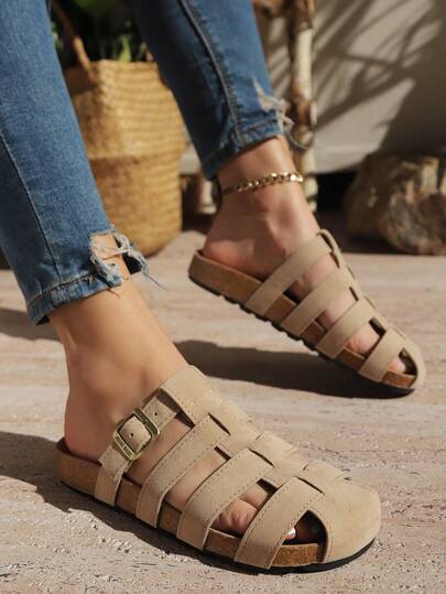 New Summer Plain Closed Toe Comfortable Retro Thick-Sole Casual Plus Size Slip-On Slippers With Buckles For Women, Cross-Border Trade