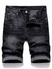 男士休闲水洗牛仔短裤，夏季 - 黑色 - 查看 1
