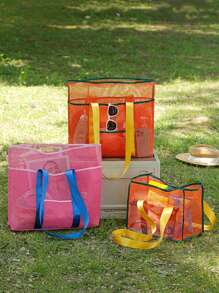 Solid Color, Foldable, Suitable For Swimming And Fitness, Also For Bathroom Toy Storage, Lightweight, Large Capacity, Portable Mesh Beach Bag, Perfect For Family Trips, Vacations, Vacations, Beaches, Camping And Hiking Schoolbags, Large Capacity, Portable, Suitable For Teen Girls And College Students, Perfect For Returning To School, College, Junior High School And Senior High School