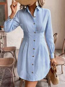 Women's Elegant Striped Long Sleeve A-Line Shirt Dress, High Waist Button Casual Office Dress, Light Color Pastel, Comfortable Polyester Fabric, French Style, Casual Shirt Dress, Office Dress, Elegant Style, Seasonal Striped Casual Button Fabric Pleated Decor Daily Wear