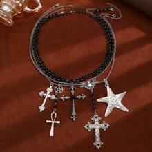 1pc Vintage Gothic Cross Pendant Beaded Necklace, Women Fashion Jewelry Accessory, Suitable For Daily Wear And Party, Gifts For Women