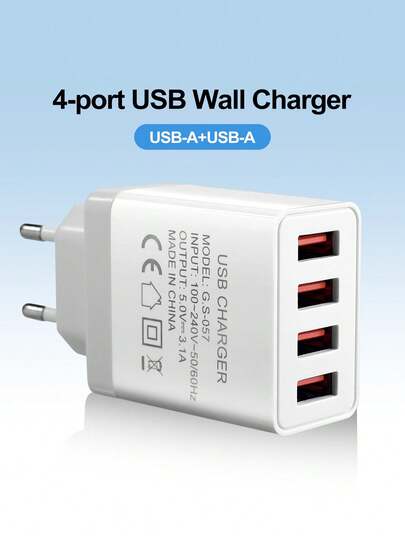 4-Port 5V 3.1A EU Plug USB Charger Adapter, Fast Charging Adapter Compatible With IPhone, OnePlus And Other Smartphones
