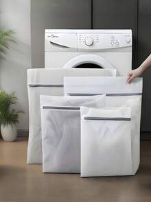 4个装灰色拉链封口网状洗衣袋，4种不同尺寸加厚洗衣袋，衣物保护洗衣袋，洗衣房必备配件，家庭必需洗衣袋