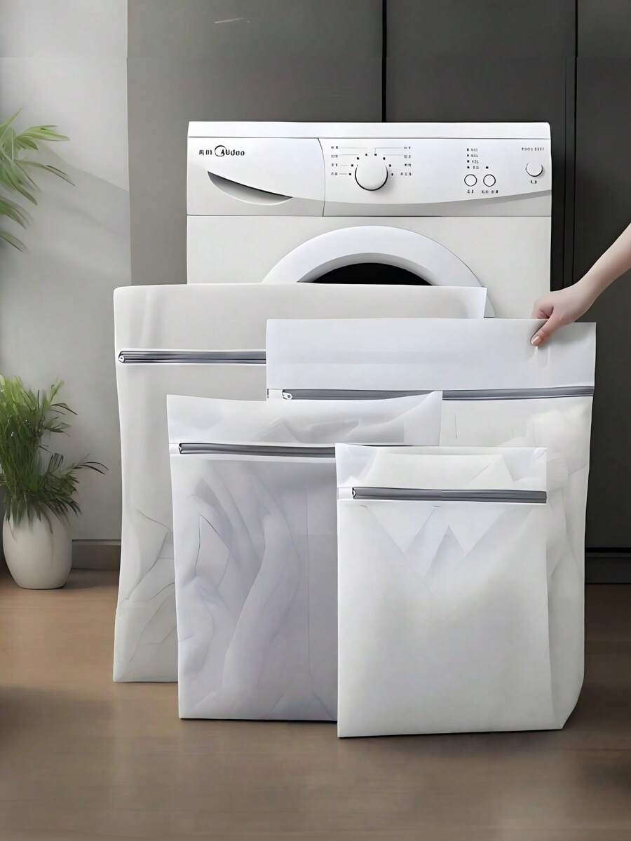 4个装灰色拉链封口网状洗衣袋，4种不同尺寸加厚洗衣袋，衣物保护洗衣袋，洗衣房必备配件，家庭必需洗衣袋