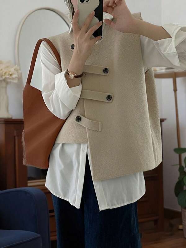 Alicedudu Gilet sans manches minimaliste avec design asymétrique et boucle de bouton pour femmes, pour l'automne/hiver