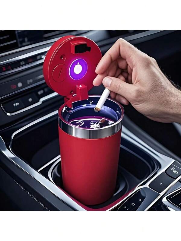 Automatic Car Ashtray Set With LED Light, Removable Cleaning Brush, Compact Design, Easy Installation
