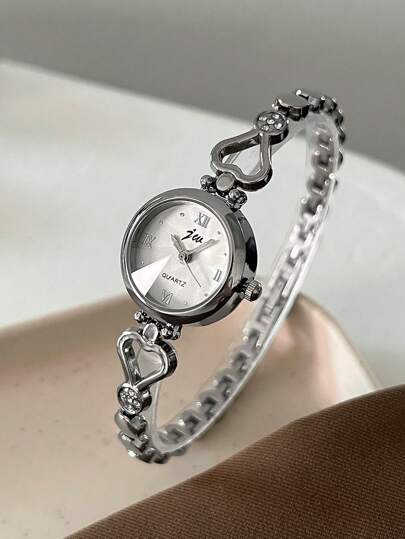 jw 1 Piece Simple Style Alloy Women's Bracelet Watch, Delicate Round Dial, Fashionable And Elegant Black Hands, Casual And High Color Roman Numerals Dial, Delicate And Affordable Ladies Quartz Watch, Suitable For Daily Wear, Party, Commute And Travel, Also Can Be Used As A Student Gift