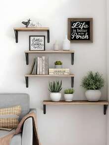 Juego de 4 Repisas Flotantes Madera Minimalista Muebles Hogar Decorar Estante Decorativo Moderno Organizador Pared Sala Dormitorio Cocina Librero Exhibidor Multiusos Montaje Fácil - Caqui - Ver 6
