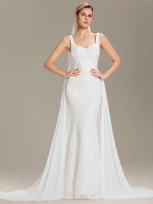 优雅无袖高腰鱼尾下摆A字型婚纱，适合草坪婚礼仪式白色礼服 - 白色 - 查看 7