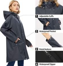 UNIQUEBELLA Rain Jackets For Women Waterproof, Raincoat Long Hooded Rain Coats Outdoor Windbreaker Trench Coat - 升級黑色 - 查看 4