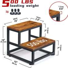 重型两步凳，铁木组合，承重高达 226.8 公斤，木质增高，换鞋，适用于卧室、厨房、浴室 - 灰色/棕色，浴室凳 | 优雅的凳子设计 | 木制凳子 - 棕色 - 查看 2