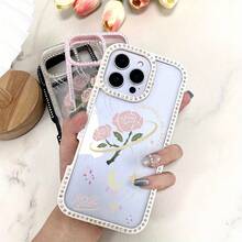 Funda para teléfono 1 unidad, diseño rosa con fuegos artificiales y purpurina, doble cara | Funda brillante 11/12/13/14/15/16 con pegatinas de joyas | Regalos de cumpleaños para mujer - Rosa - Ver 4