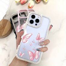 Funda para teléfono con mariposas rosas, delicadas cerezas flotando suavemente y brillo, de doble cara. Funda brillante 11/12/13/14/15/16 con pegatinas de joyas |/ Regalos de cumpleaños - Rosa - Ver 7