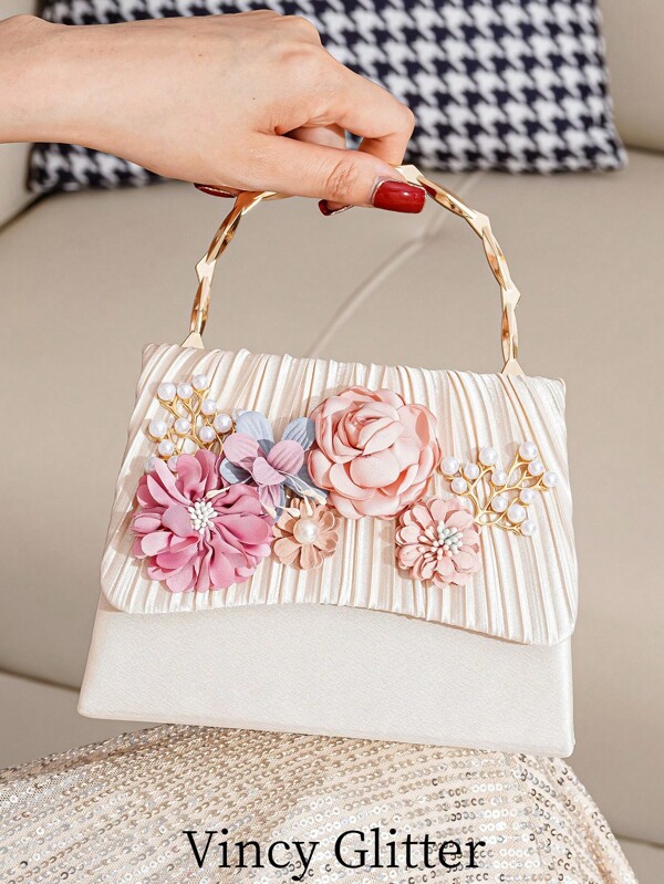 New Flower & Pearl Decor Party Handbag, Elegant & Sweet Style Clutch Purse For Women, Suitable For Formal Event, Party Dress, Cell Phone, Lipstick, Fashion Versatile