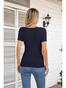 Womens Fashion Fall Cutout Long Sleeve Ribbed Slim Fitted Tops Shirts Tee Tshirts - 短版海軍藍 - 查看 4