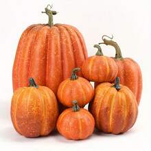 Set de 7 piezas de decoración de calabazas artificiales doradas y blancas de temporada otoñal, de varios tamaños, adecuadas para la decoración de finca otoñal, decoración de mesa para fiesta de cosecha, decoración de Halloween y Navidad, decoración para restaurantes temáticos y librerías, también para manualidades de fiesta y boda, calabazas falsas - Multicolor - Ver 2