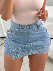 Y2K 紧身牛仔迷你裙 Hottie Street 复古撞色明线重叠腰部弹力包裹不对称下摆日常休闲夏季海滩度假性感女裙