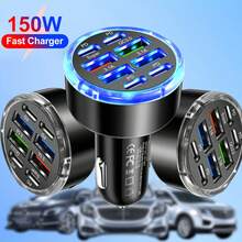 150W 8 端口快速充电车载充电器，4 USB + 4 Type-C 高速车载充电器适配器兼容 /点烟器，适用于日常通勤、长途驾驶、驾驶时充电 汽车配件 - 黑色 - 查看 3