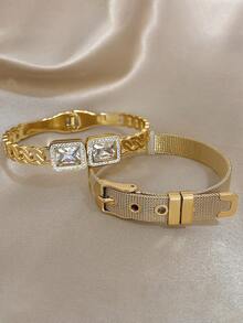 Juego de brazaletes de lujo chapados en oro de 18 quilates de malla de acero inoxidable con circonita para mujeres, regalo para mamá, regalo para maestros, joyería para verano, playa, joyería bohemia, accesorios para rave/baile de graduación/fiesta/diario, regalo de vuelta al colegio, regalo de cumpleaños, regalos de dama de honor, regalos de Navidad - Multicolor - Ver 6