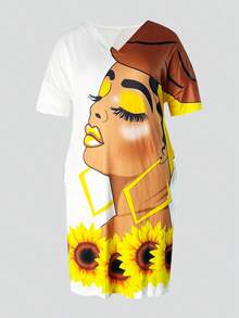 Women's Plus Size Casual Short Sleeve Dress, Cartoon People & Floral Print V-Neck Stretchy Dress With 2 Pockets, Black African Style