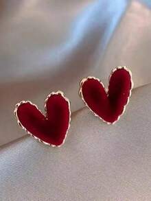 1 par de pendientes asimétricos elegantes y vintage con diseño de corazón de flocado, simples y adecuados como regalo para fiestas, otoño/invierno - Rojo - Ver 2