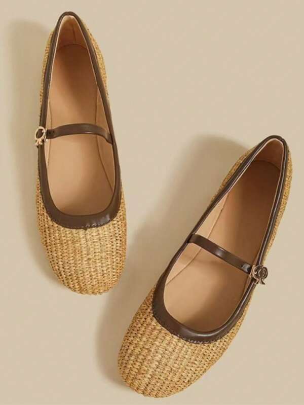 Bailarinas de paja trenzada con suela suave tipo Mary Jane, con hebilla, estilo colegial, elegante y lindo, con combinación de piel sintética, apropiadas para uso casual, playa, boda, fiesta, oficina, hogar, exteriores, todo el año