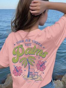 1PC Girls Beach Vacation Palm Tree Print Short Sleeve T - Shirt, Soft Skin - Friendly, Summer Beach Outing Wear - Pink - View 6