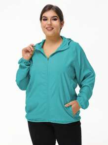 1pc Women Outdoor Lightweight Solid Color Long Sleeve Casual Jackets, Zipper Hooded Plus Size Women Jackets, Water-Resistant Fabric, Sun-Protective Outerwear