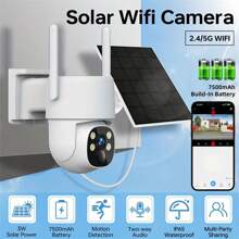 Cámara de seguridad inalámbrica con energía solar de 4MP, cámara inteligente para el hogar con WiFi de banda dual 2.4G/5G, resolución ultra alta definición de 1440P, batería recargable de 7500 mAh, función de rotación de 355°, visión nocturna a color, detección de movimiento, audio bidireccional, nivel de protección IP65, adecuada para vigilancia exterior doméstica y comercial, cámara de seguridad solar.