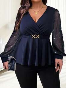 Women's Autumn V Neck Tops Long Sheer Mesh Sleeve Smocked Waist Plus Size T-Shirts - Navy Blue - View 3