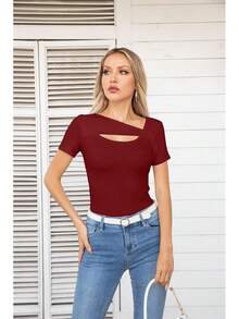 Womens Fashion Fall Cutout Long Sleeve Ribbed Slim Fitted Tops Shirts Tee Tshirts - Short-wine Red - View 6