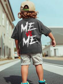 Áo thun ngắn tay cổ tròn in họa tiết dành cho bé trai - Áo thun ngắn tay tươi sáng và vui nhộn giúp mỗi ngày thêm phần thú vị! Áo thun trẻ em in họa tiết "Tôi đấu với chính mình" - Màu xám đen - Xem 1