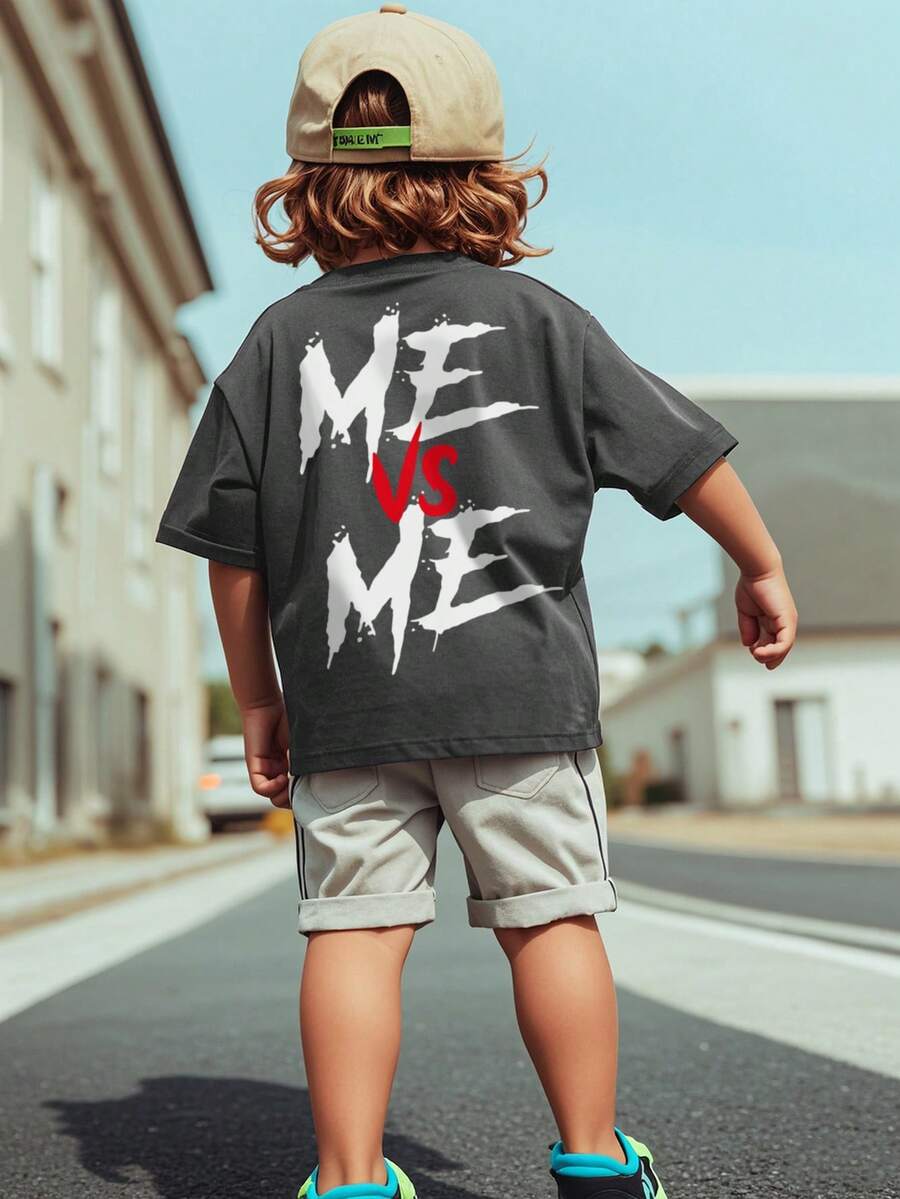 Áo thun ngắn tay cổ tròn in họa tiết dành cho bé trai - Áo thun ngắn tay tươi sáng và vui nhộn giúp mỗi ngày thêm phần thú vị! Áo thun trẻ em in họa tiết "Tôi đấu với chính mình" - Màu xám đen - Xem 1