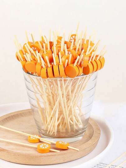 50pcs Creative And Cute Disposable Fruit Toothpick With Orange Pattern For KTV, Hotel Fruit Toothpick, Cake Food Tasting Toothpick