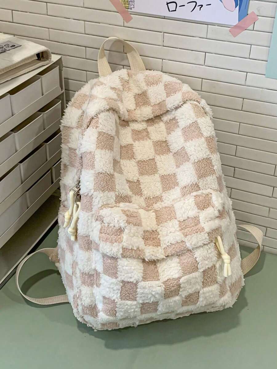 Plush Backpack, Women Fluffy Cow Pattern Cute Soft Backpack, School Backpack - Pink - View 1