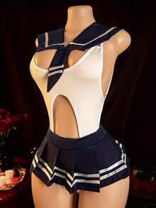 Sexy Underwear Hollow Crotch Cosplay Three-Piece Set: Sailor Collar + Crotch Jumpsuit + Pleated Skirt, Women's Underwear And Sexy Underwear Set - Blue - View 4
